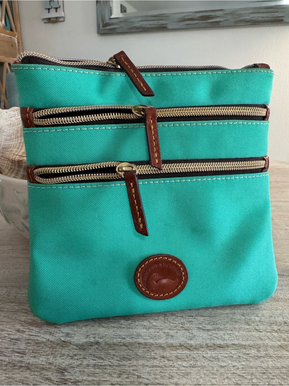 Dooney & Bourke Turquoise Triple Zip Cosmetic Pouch with Leather Trim